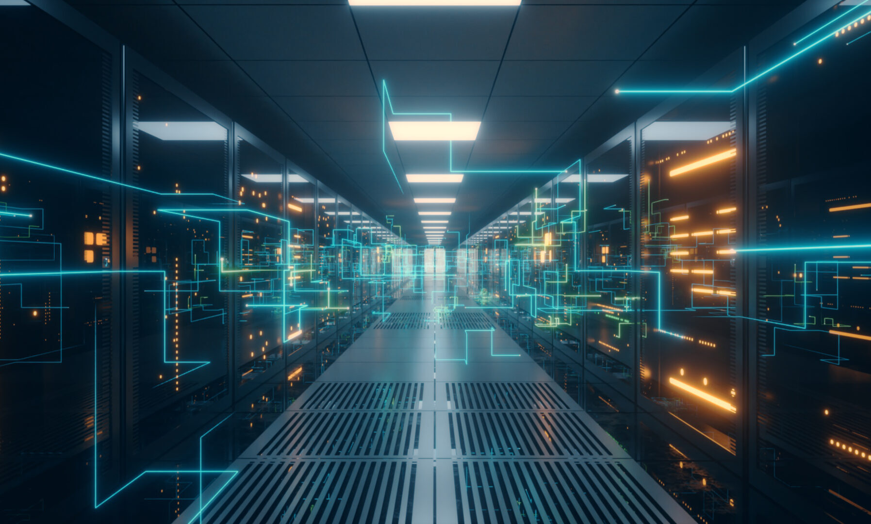 Digital information travels through fiber optic cables through the network and data servers behind glass panels in the server room of the data center. High speed digital lines 3d illustration