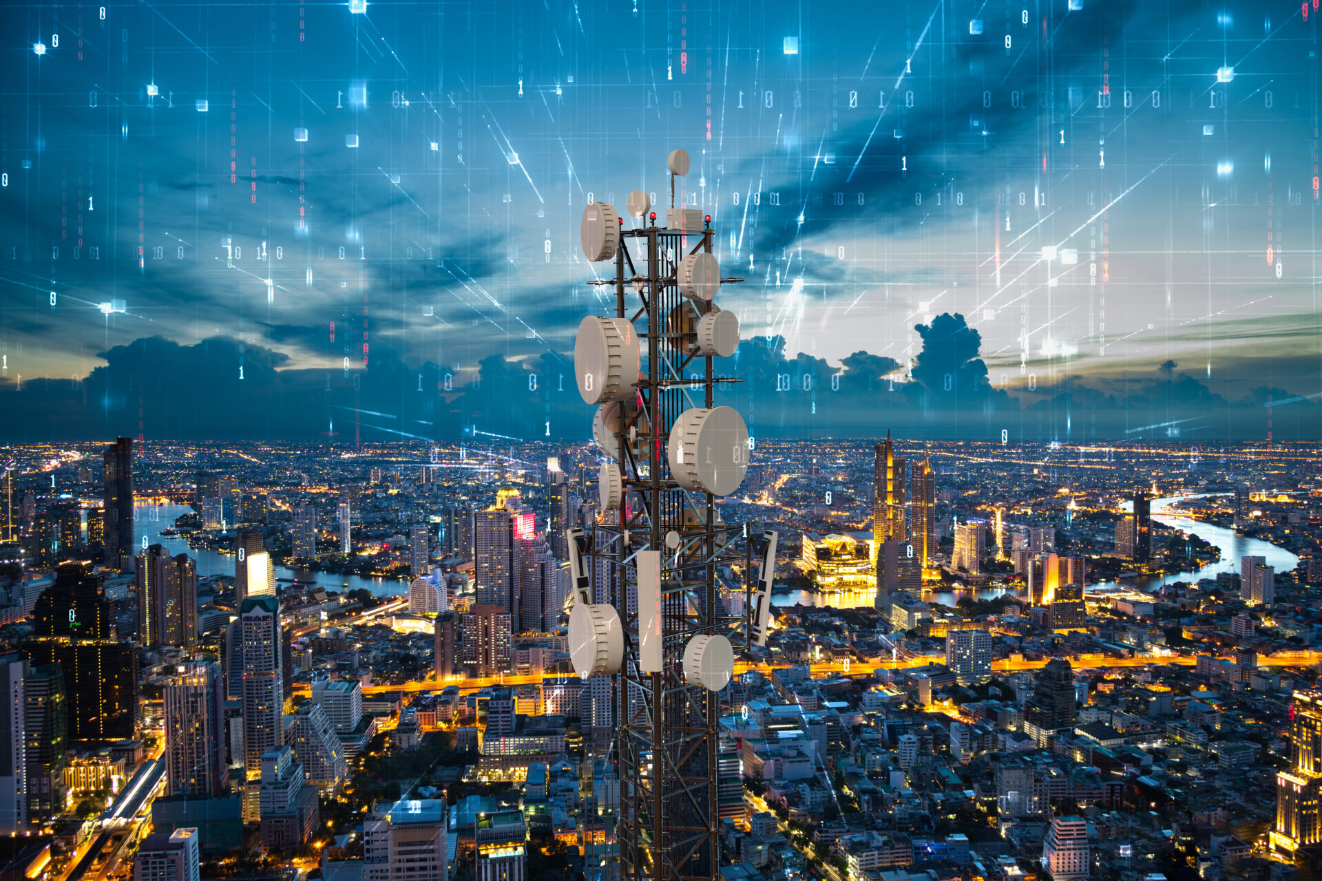 Telecommunication tower with 5G cellular network antenna on nigh