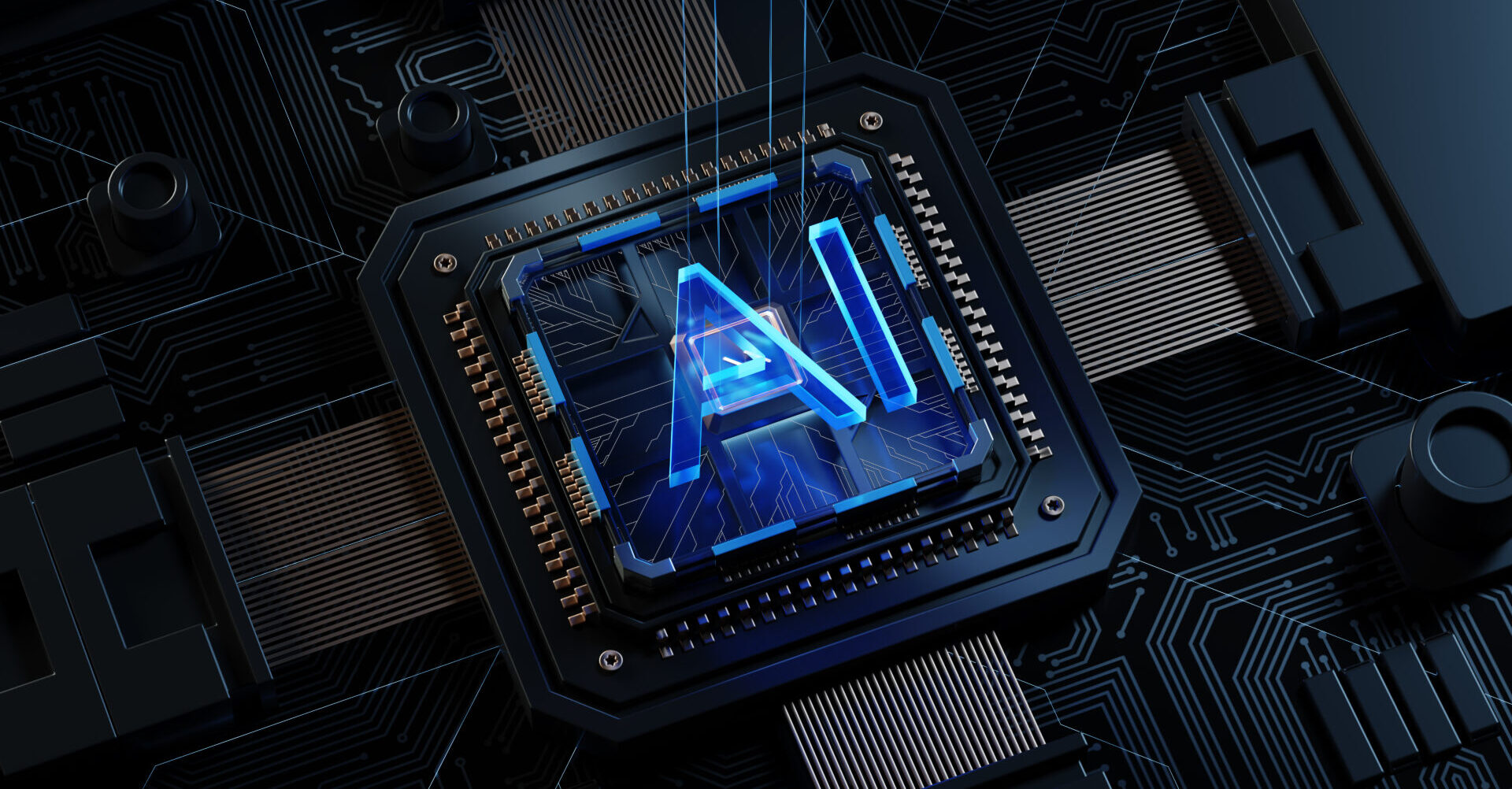 3D rendering of cyberpunk AI. Circuit board. Technology background. Central Computer Processors CPU and GPU concept. Motherboard digital chip. Tech science background.
